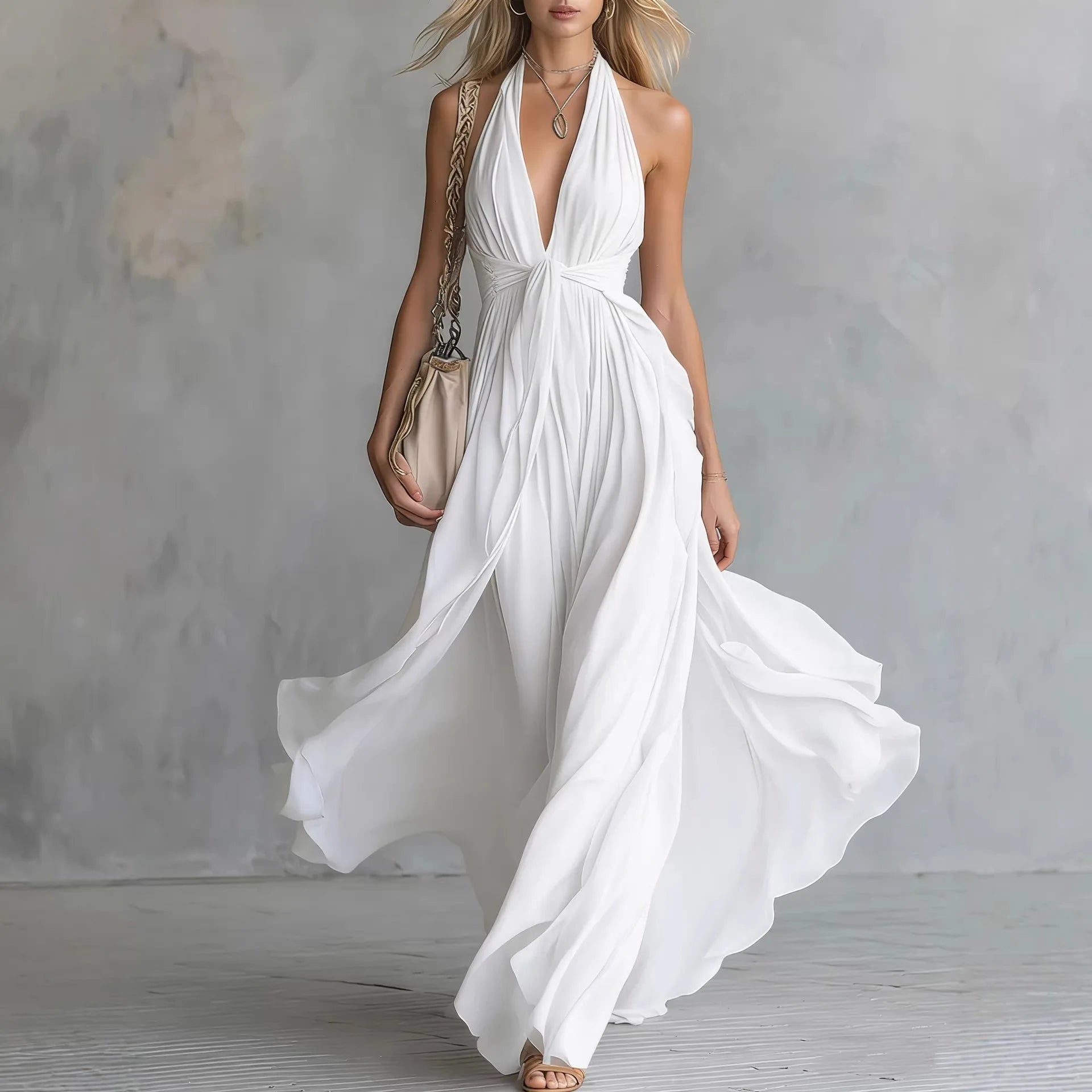 Women’s Elegant Deep V-Neck Lace-Up Long Dress