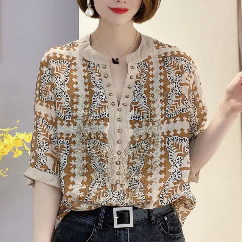 Elegant Fashion Rivet Casual Printing Summer Short Sleeve Loose Temperament Shirt