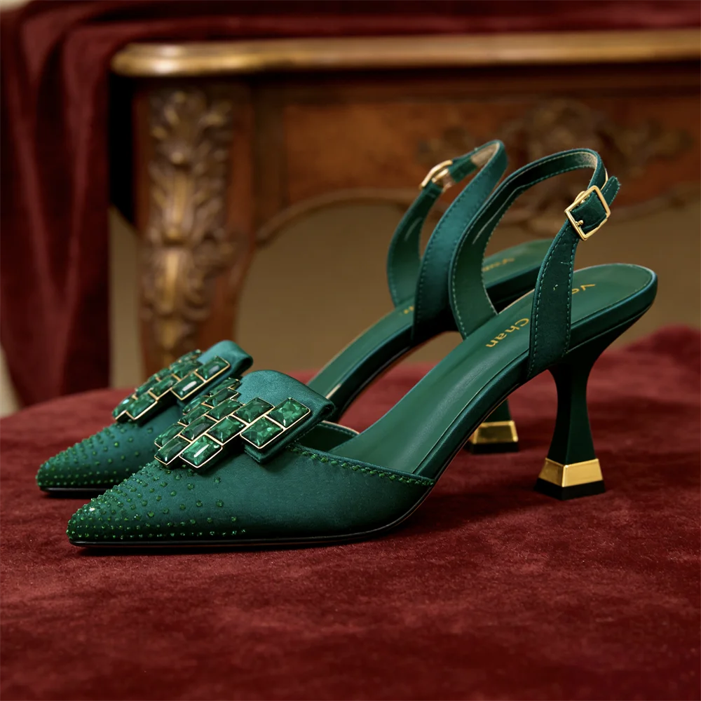 Venus Chan 2026 Elegant Green Slingback Heels with Rhinestones