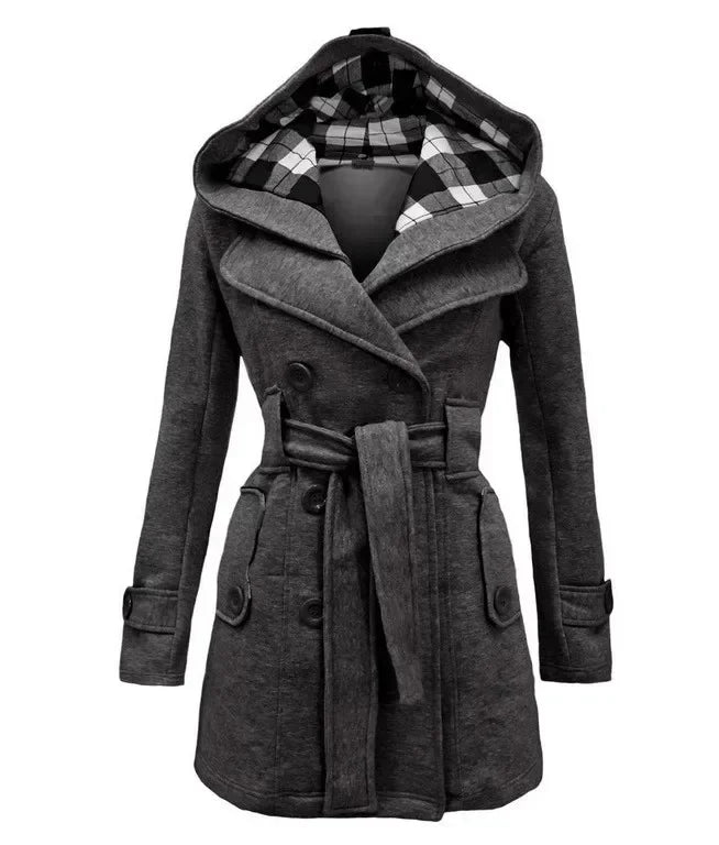 2026 Autumn Hooded  Double-Breasted Design Belt Side Pockets Plaid Splice Woolen Coats