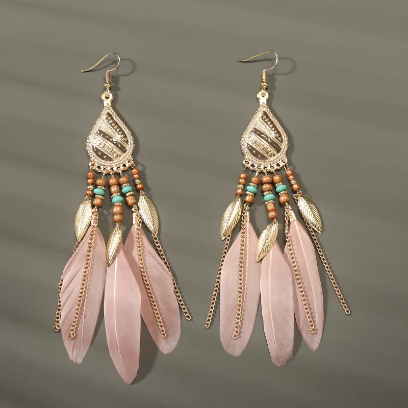 Boho Long Feather Dangle Earrings – Handmade Tassel & Enamel Flower Statement Jewelry for Women