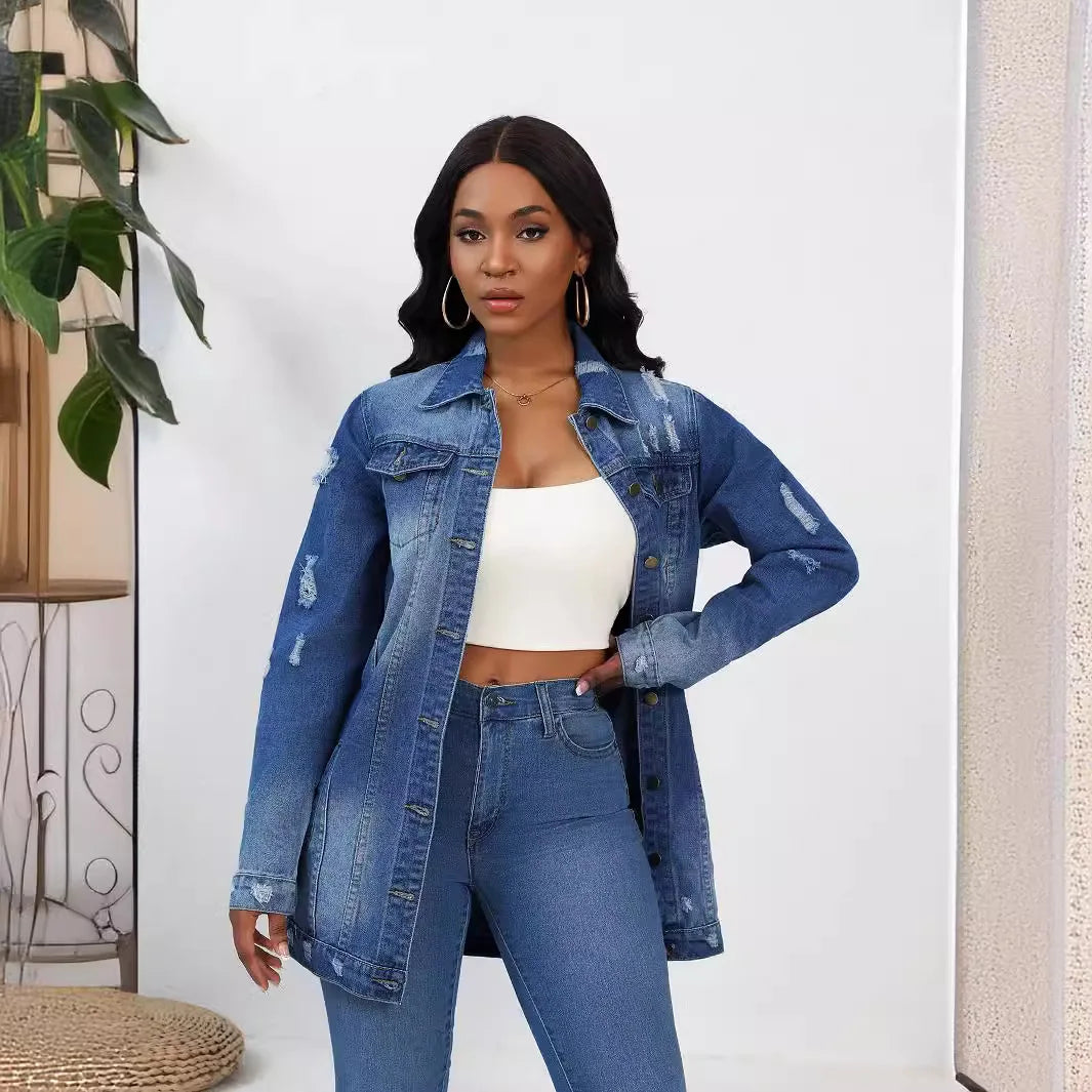 Women’s Mid-Length Denim Coat – Y2K Streetwear, Turn-Down Collar, Single-Breasted Casual Jacket