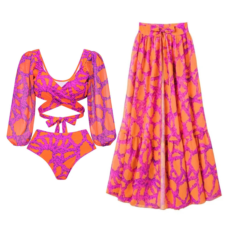 Sexy One Piece Long Sleeve Swimwear And Skirt