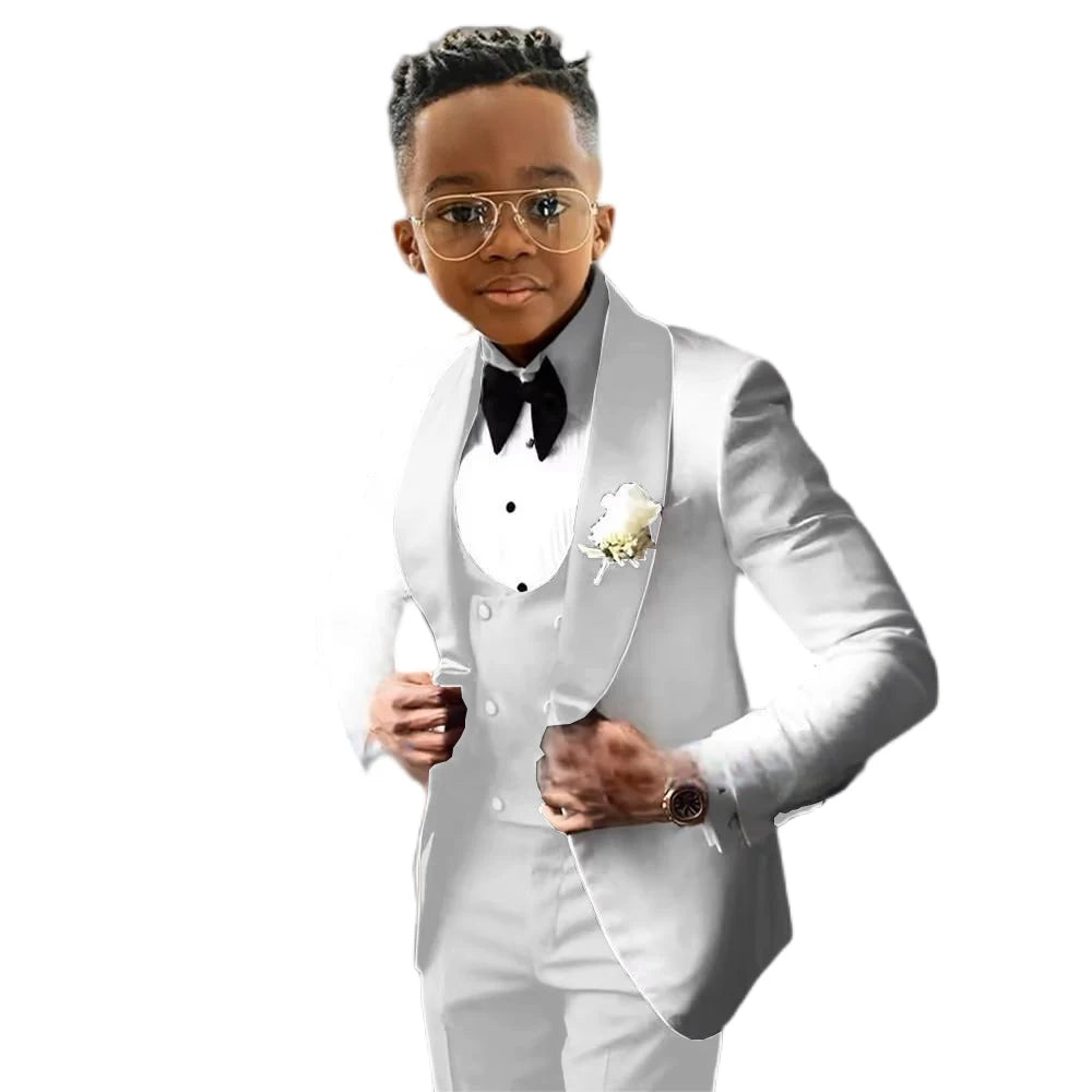 Suit for Boys Wedding Tuxedo – 3 Piece White Jacket, Royal Blue Pants &amp; Vest | Slim Fit Tailored Kids Blazer Set