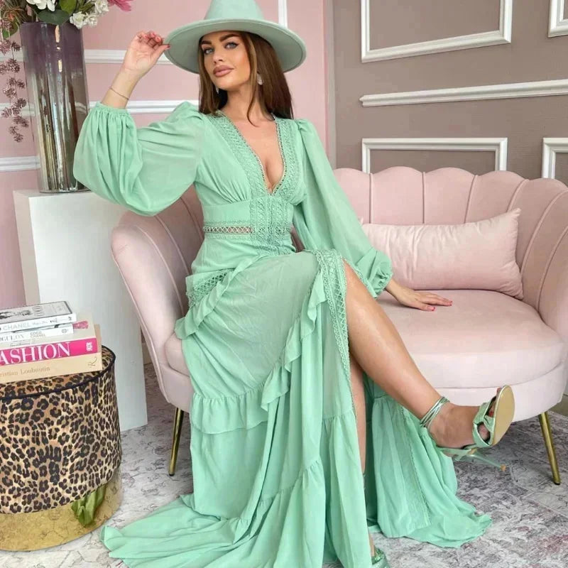 Elegant Hollow Lace  Patchwork Ruffle Deep V Neck Lantern Sleeves Maxi Dresses