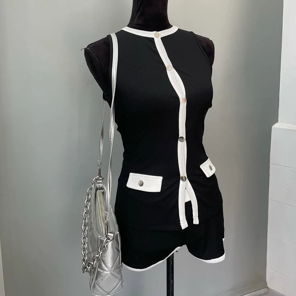 New Clashing Sleeveless Knit Cardigan Top Slim Shorts Set