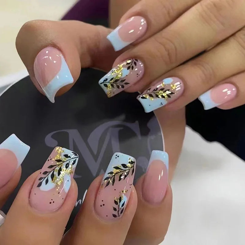 24Pcs Mid-length Square Press-On Nails with Golden Butterfly Design