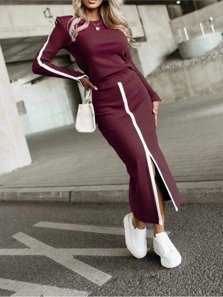 2025 Spring Autumn  Elegant Sexy High Slit Skirts Long Sleeve Matching Sets