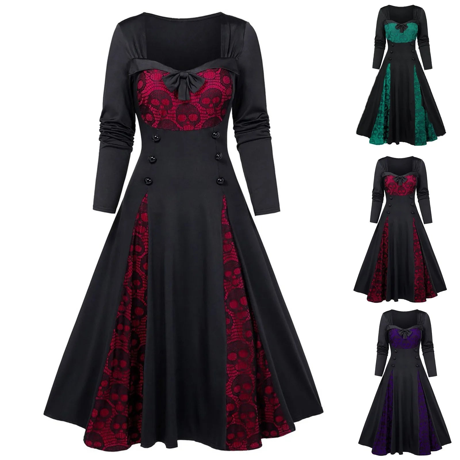 Gothic  Long Sleeve Low Cut Lace Splicing Long Dress