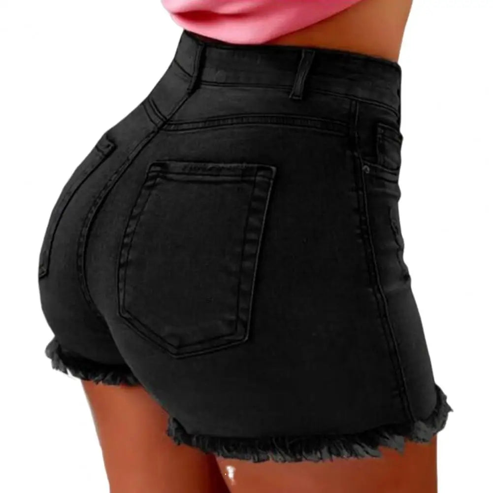 Retro Distressed Ripped Edge  High Waist Washed Butt-lifted Slim Fit Side Pockets  Shorts