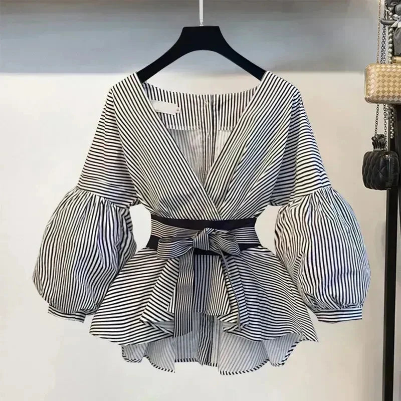 Women’s Elegant V‑Neck Chiffon Top & Korean Ripped Jeans Set