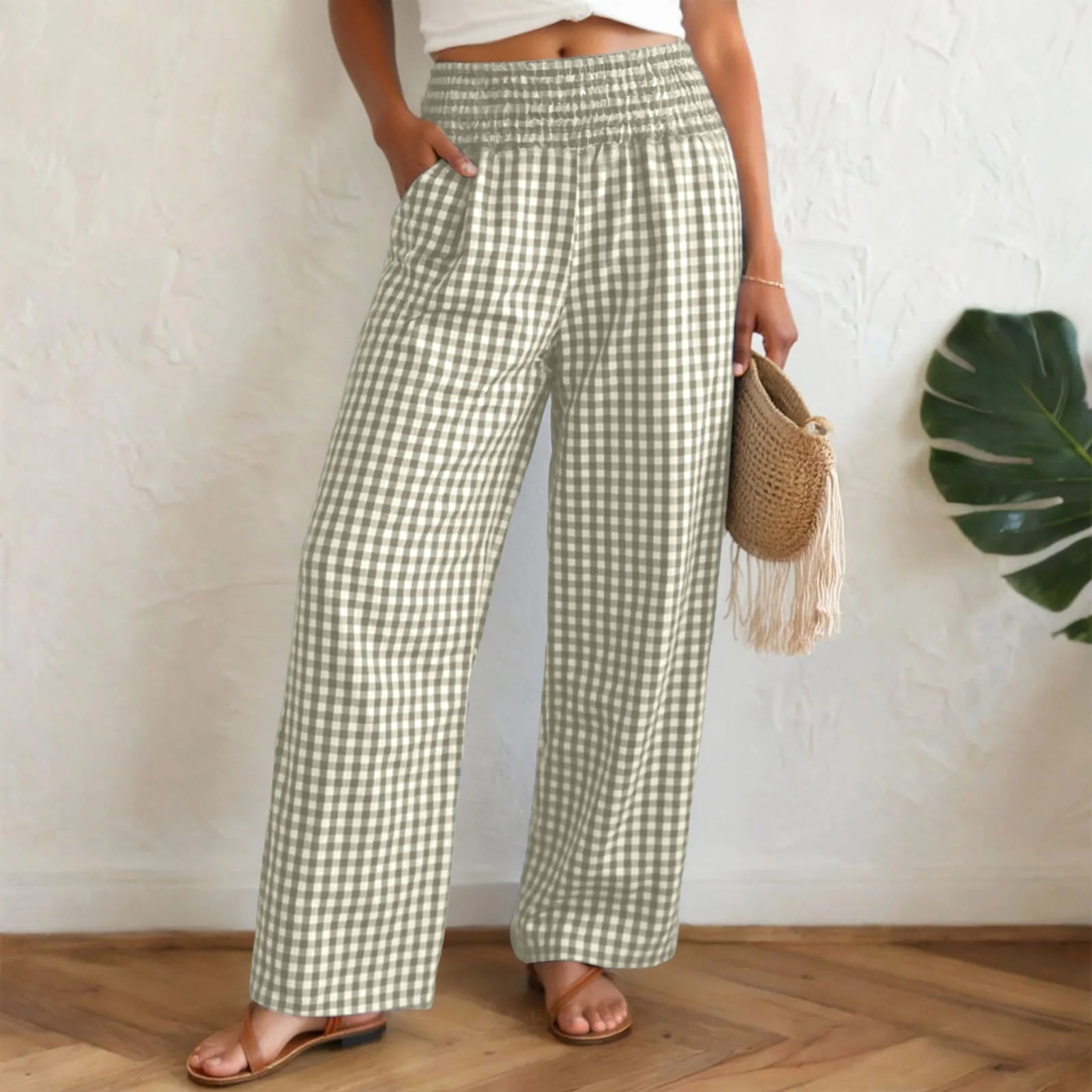Casual Plaid Comfortable  With Pockets Elastic Waist Wide Leg Casual Pant