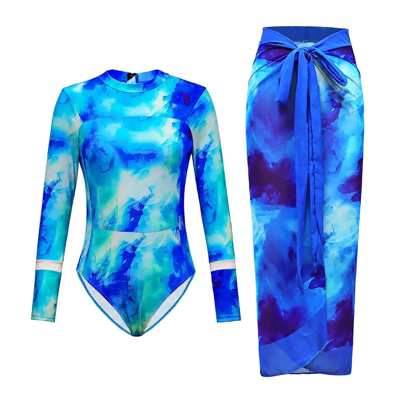 Sexy One Piece Long Sleeve Swimwear And Skirt
