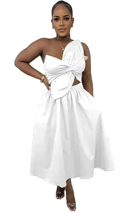 Big Petal Front Strapless Midi Long Dress