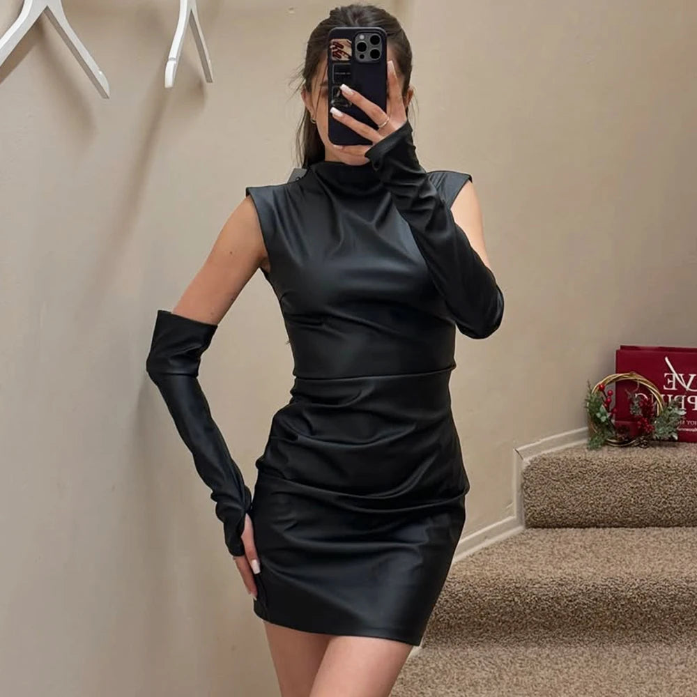 Skinny Summer Sexy PU Leather Zipper Sleeveless Short Dress