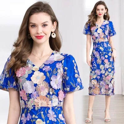 Summer High-end Embroidery Lace 3D Flower Short Sleeve Long Dress