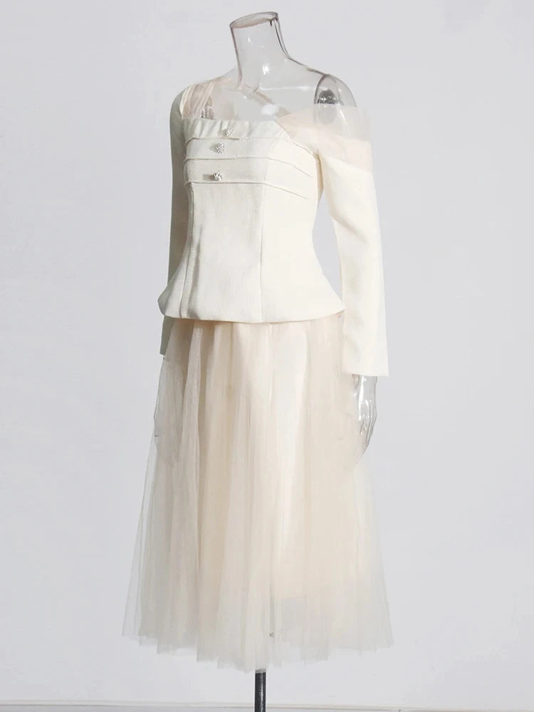 Diagonal Collar Long Sleeve Tunic Top High Waist A Line Skirt Sets