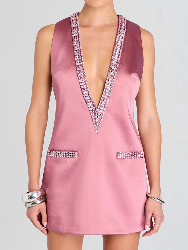New Women Summer Deep V Neck Sequins Patchwork Mini Dress