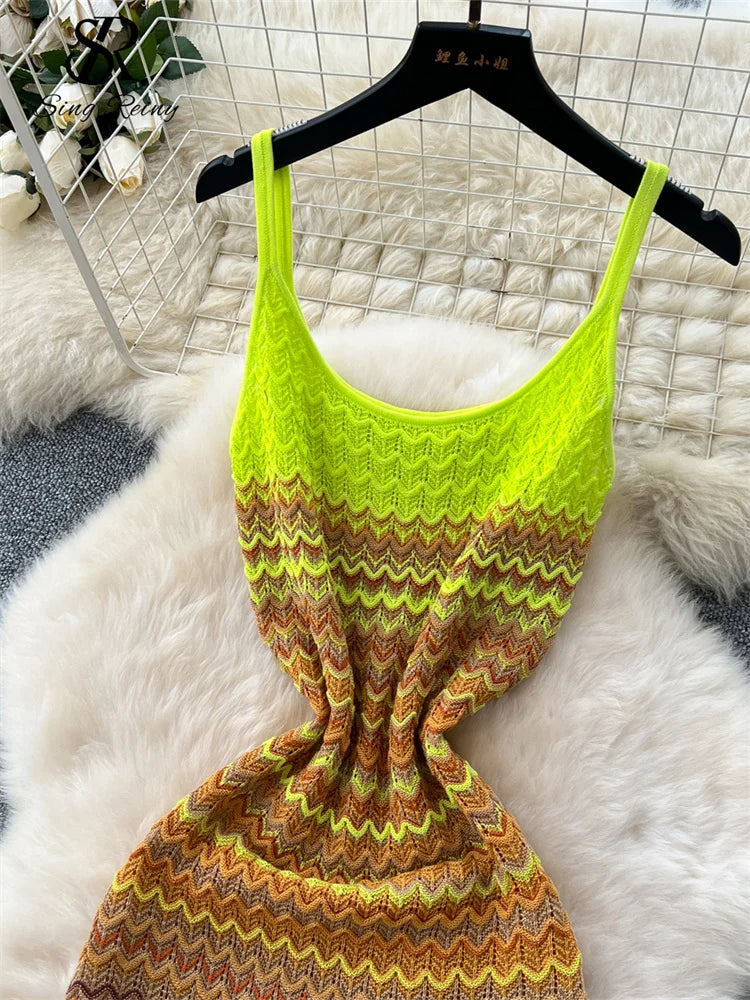 Korean Chic Beachwear Spaghetti Strap Sleeveless Gradient Design Knitting Long Dress