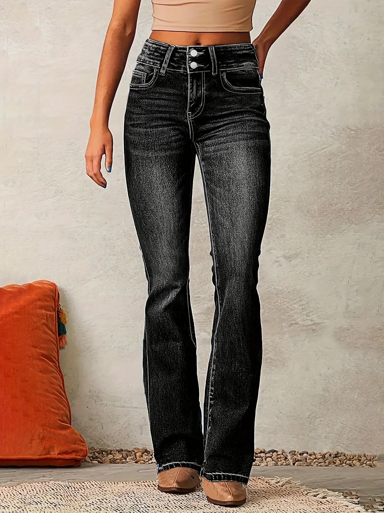 Elegant Vintage Button Pocket Straight Jeans