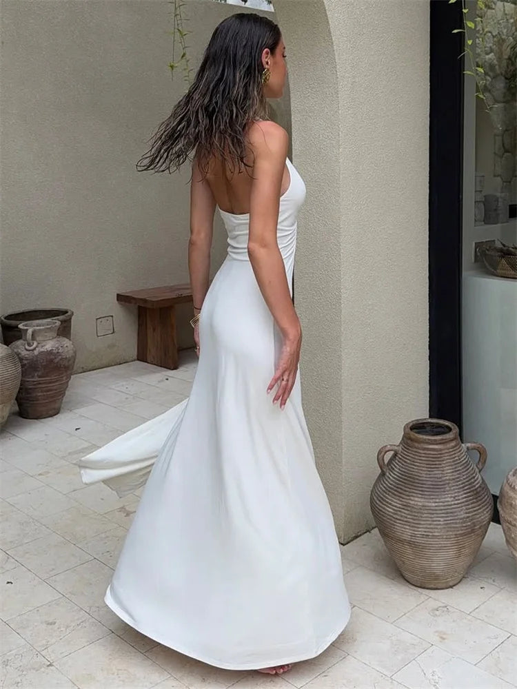 Summer Fashion V-Neck High Waist Backless Slim Pleated Solid Elegant Party Dress