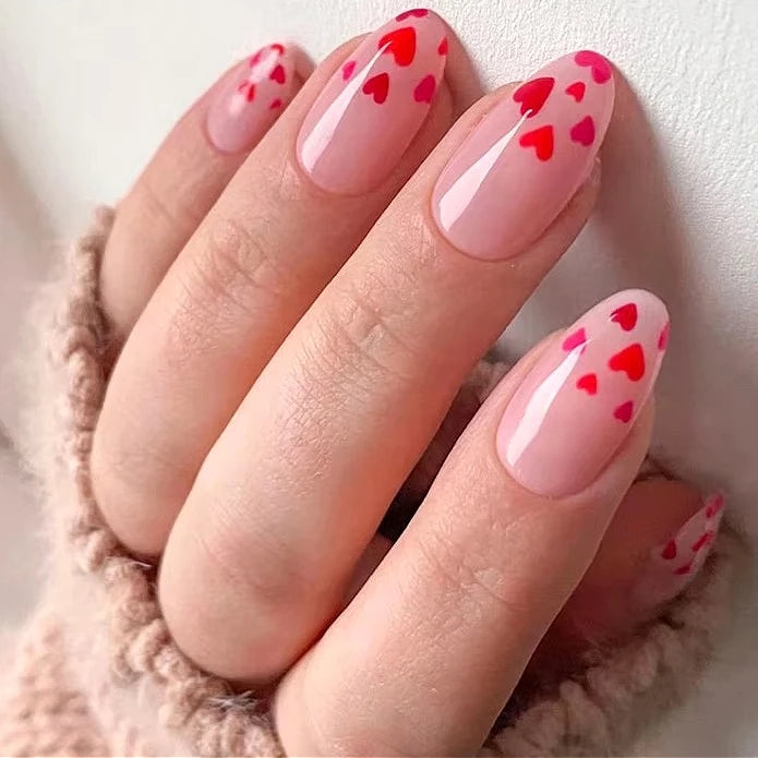 Romantic Valentine's Day Red Love Heart Charm Red Lips Almond Fake Nails