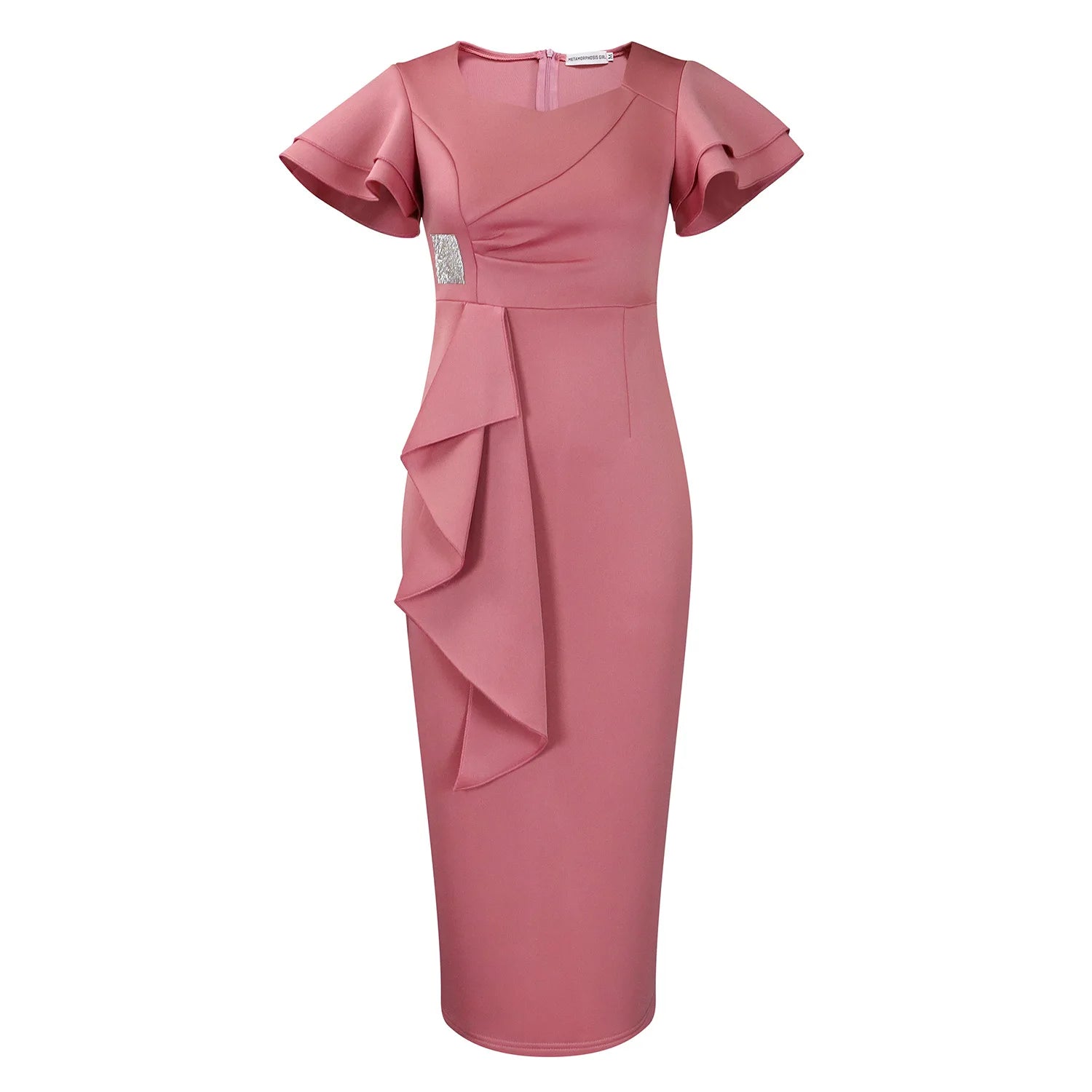 Elegant Ruffled Solid Color  Mid-Length Dress
