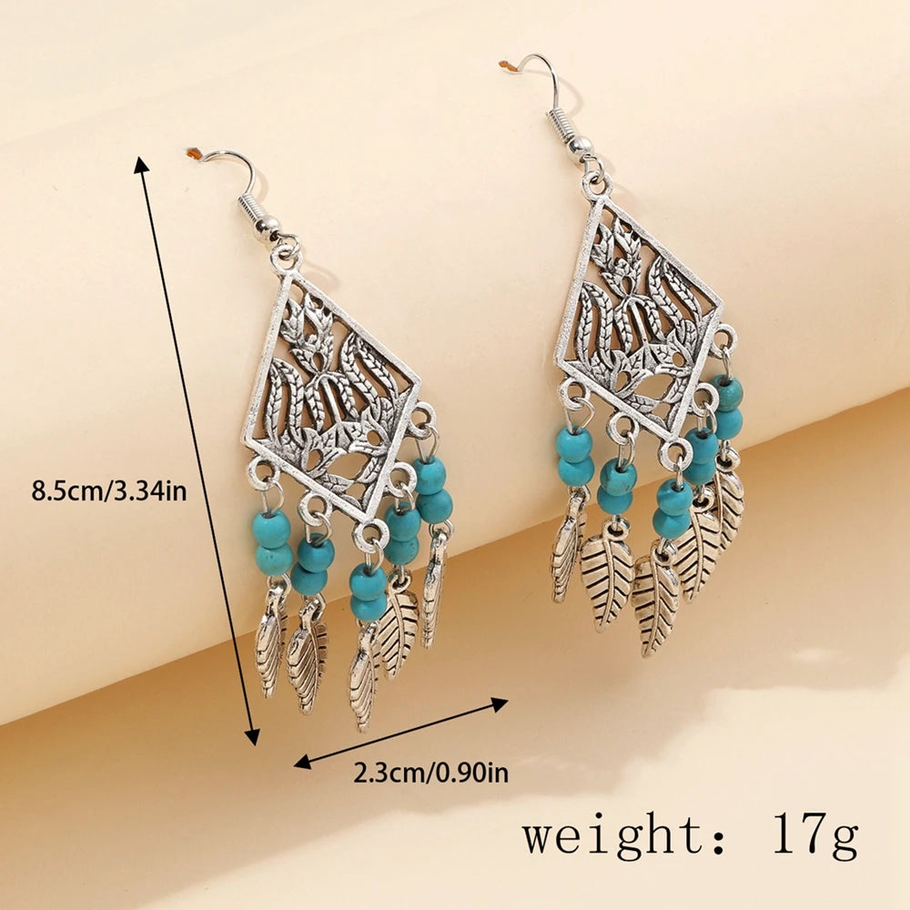Bohemian Ethnic Style Antique Silver Color Alloy Hollow Acrylic Resin Gems Water Droplet Tassel Earrings