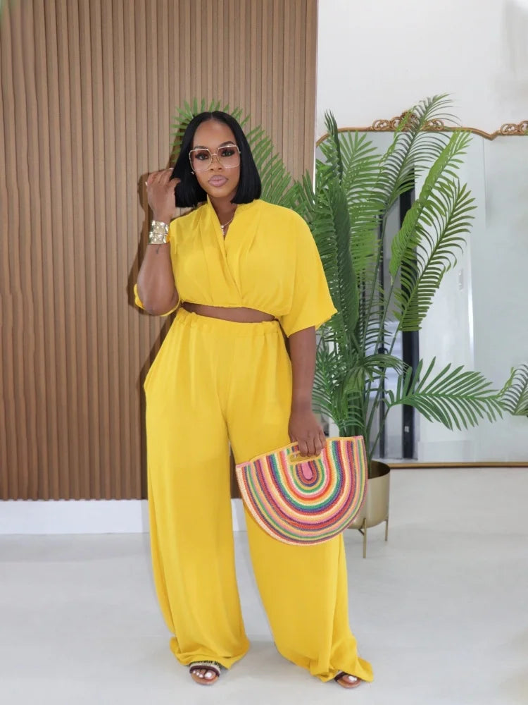 Short Sleeve Collarless Top & High-Waist Wide-Leg Pants