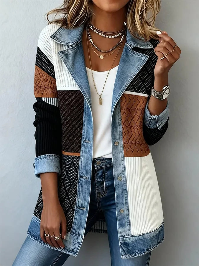 Women’s Slim Patchwork Coat – Autumn & Spring Turn-Down Collar Jacket with Metallic Buttons