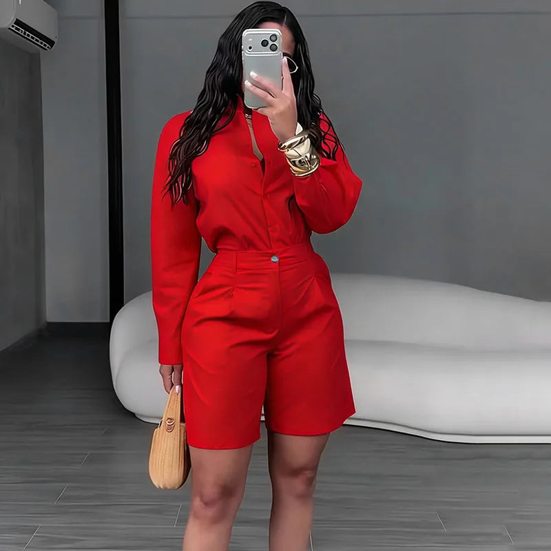 Solid Elegant Two‑Piece Set – Long Sleeve Shirt & Shorts Matching Outfit