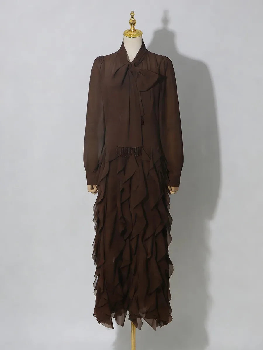 Solid Sheer Spliced Stand Neck Long Sleeves Tunic Patchwork Bow Dress