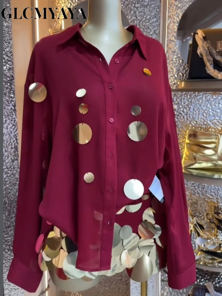 Fashion Sequined Splicing  Lapel Collar Shirt and Midi A-line Skirt Suit
