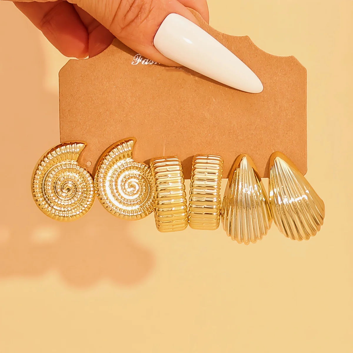 9-Pair Golden Resin Earrings Set – Starfish, Seashell &amp; Textured C-Shape Collection