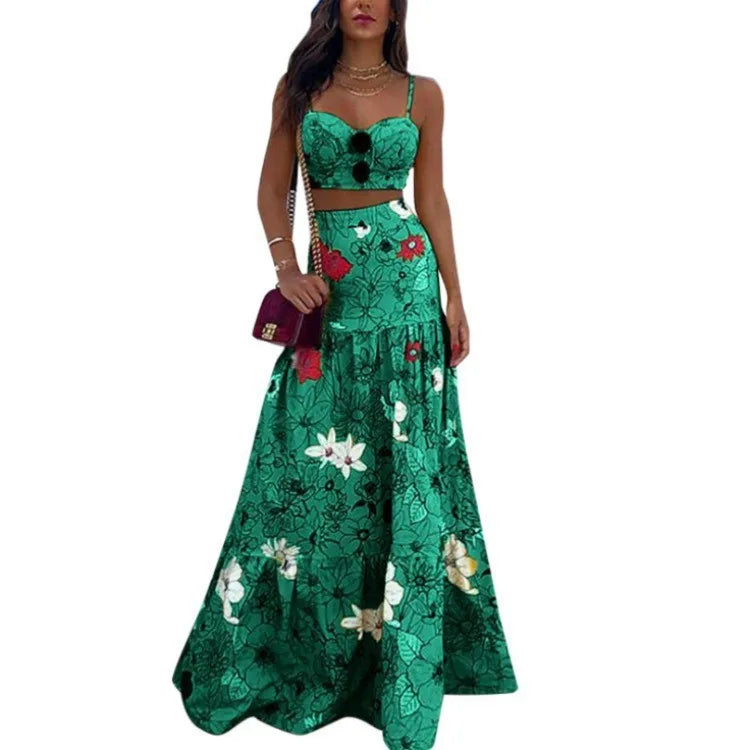 Colorful Print Rich Colors Spaghetti Strap Floor Length Sleeveless Lady Tank Top Skirt Suit