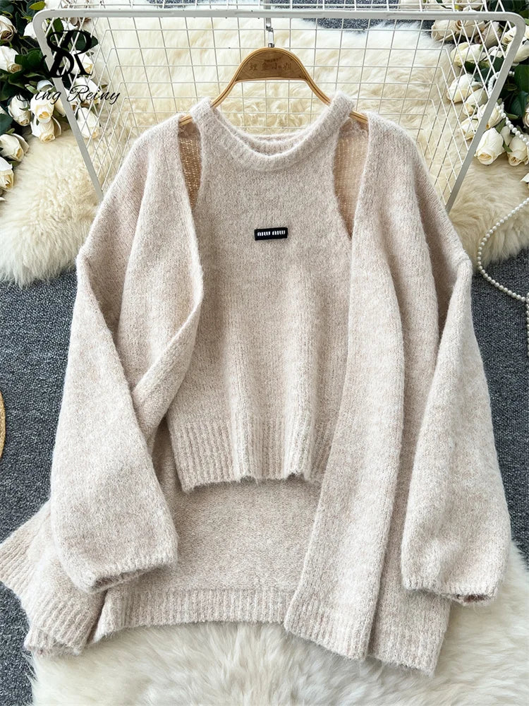 Long Sleeves Loose Warm Cardigan+Sleeveless Knitting Tank Top