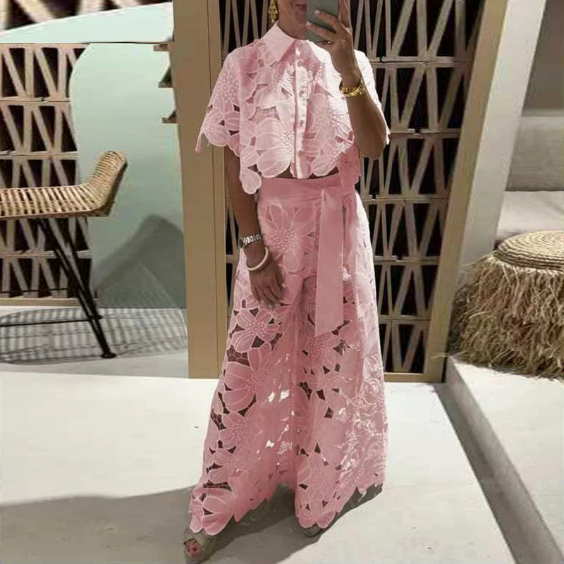 Spring Embroidery Hook Flower Hollow Crochet  Polo-Neck Button Tops+Wide Leg Pants Outfits