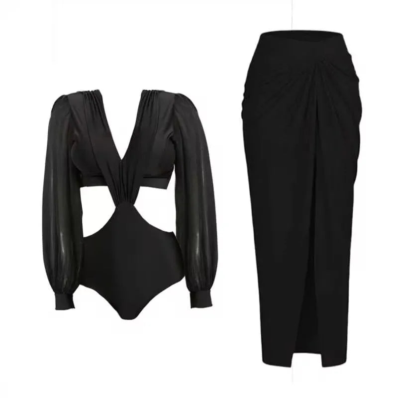 Sexy One Piece Long Sleeve Swimwear And Skirt