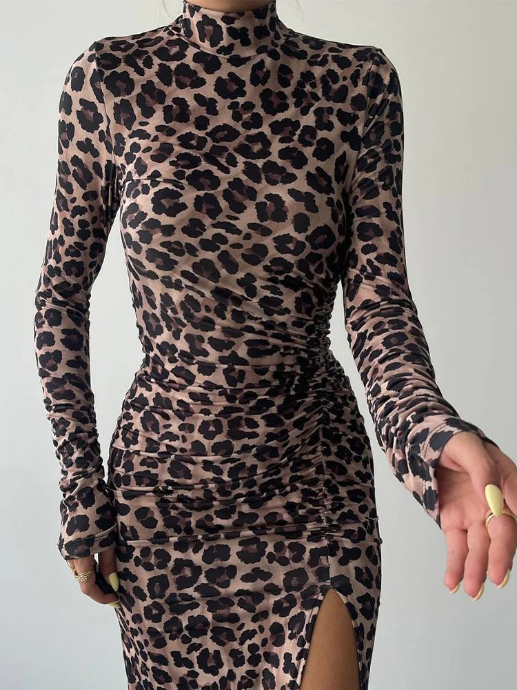 Half High Collar Leopard Print Sheath Dress
