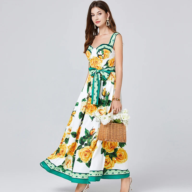 Summer Holiday Midi Floral Sexy Backless A Line Big Hem Yellow Rose Print Dress