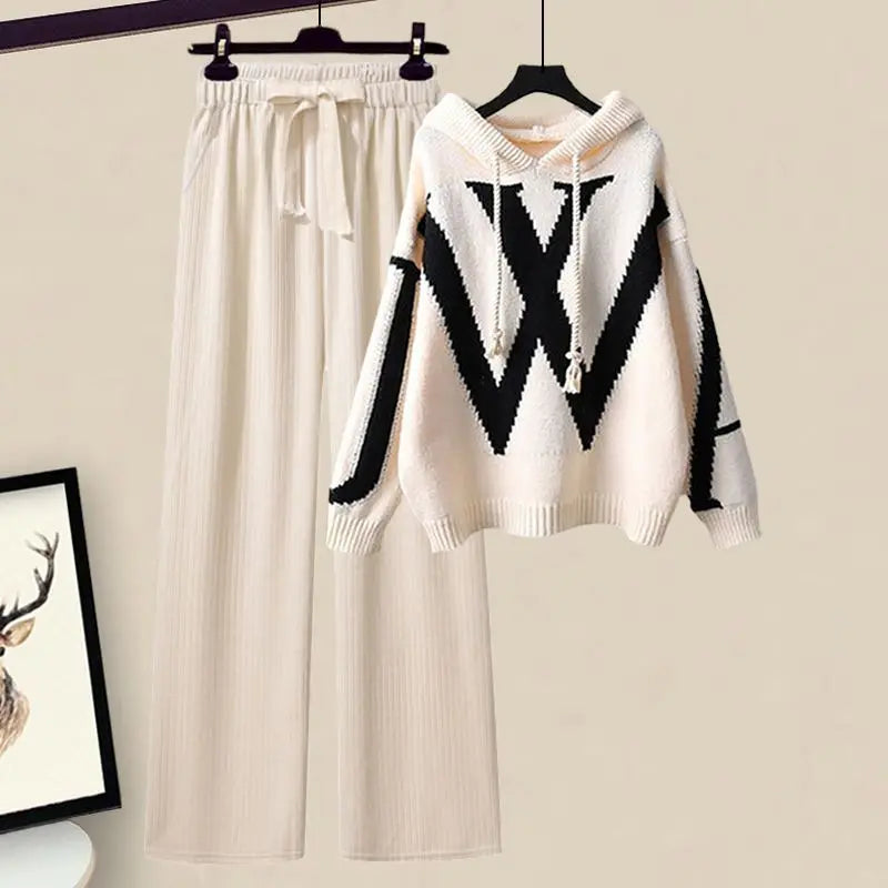 Autumn/Winter  Casual Sweater Waist Cinching and Slimming Wide Leg Pants Two-piece Set