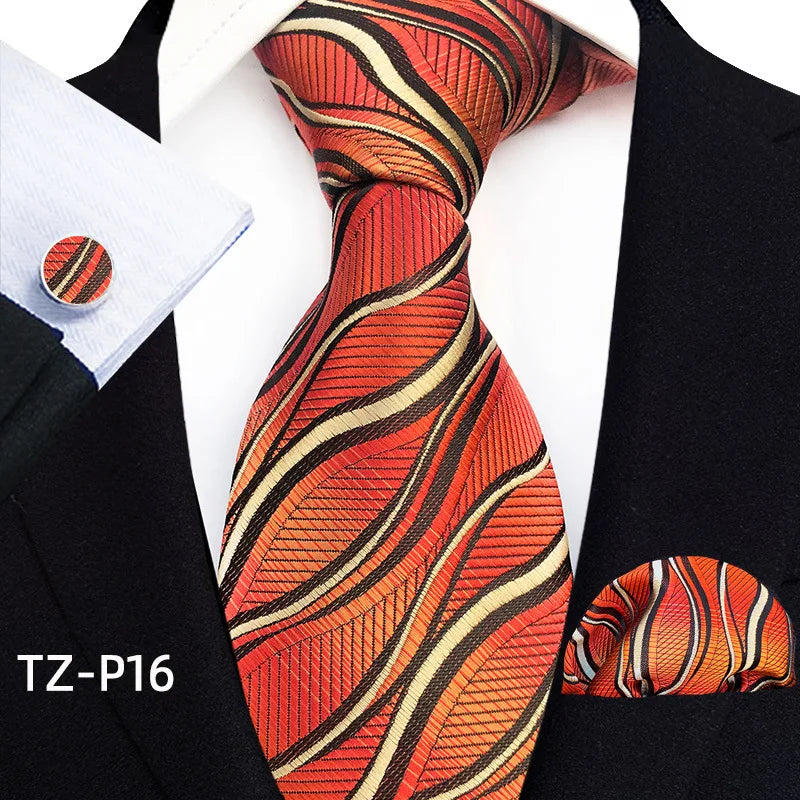 Orange Novelty Ties Plaid Flower Design Wedding Necktie Hanky Cufflinks