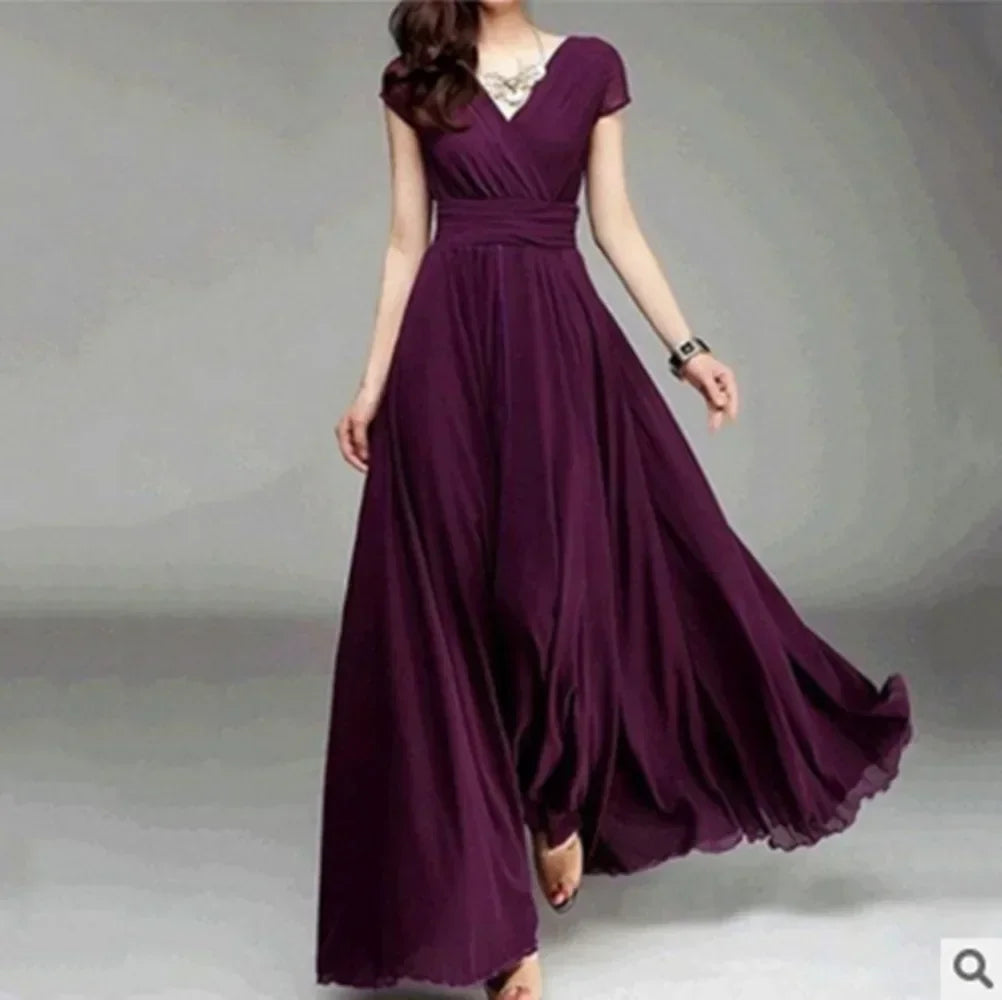 2025 Women's V Neck Short Sleeve Evening Party Dress Temperament Solid Colour Long Cocktail Chiffon High Waist Summer Dresses
