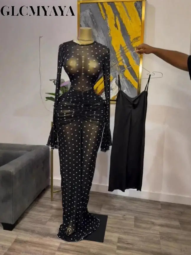 Long Sleeve Stacked Mesh See Though with Lining Bodycon Long Dress