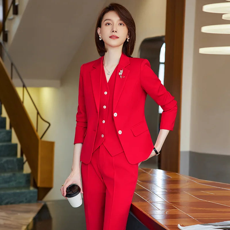 Office Lady 3‑Piece Waistcoat Pant Suit Set
