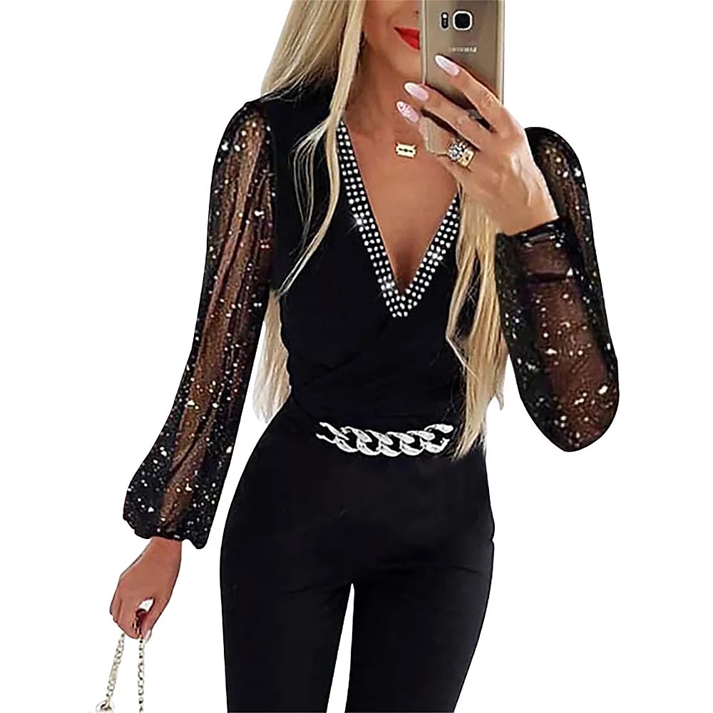 V Neck Full Sleeve Tight High Waist Overalls Casual Sheath Long Pencil Jumper