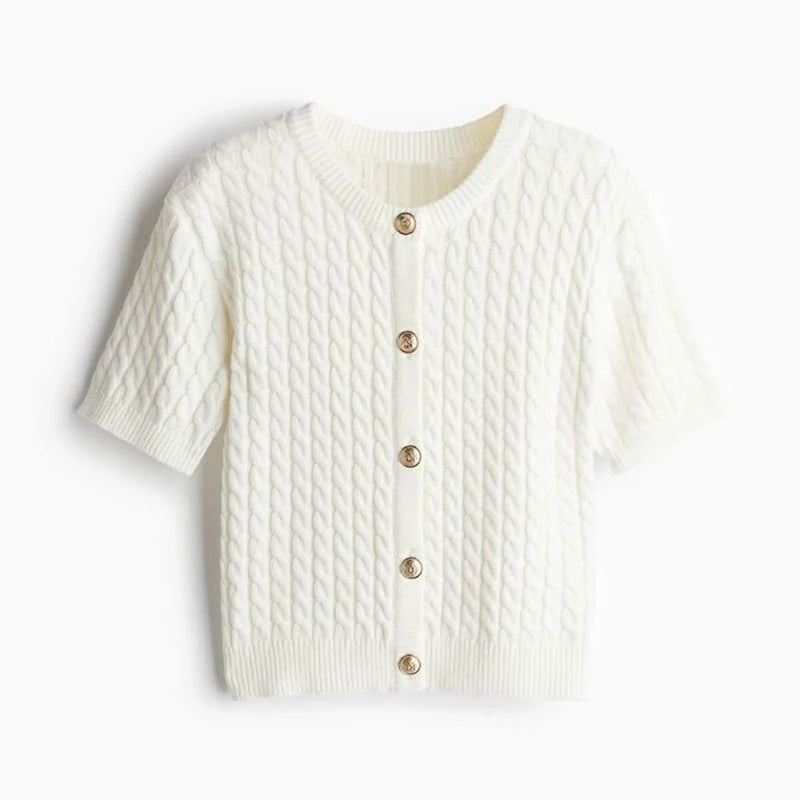 Solid O-neck Single Breasted Criss-cross Casual Knitted Short Sleeve Cardigan