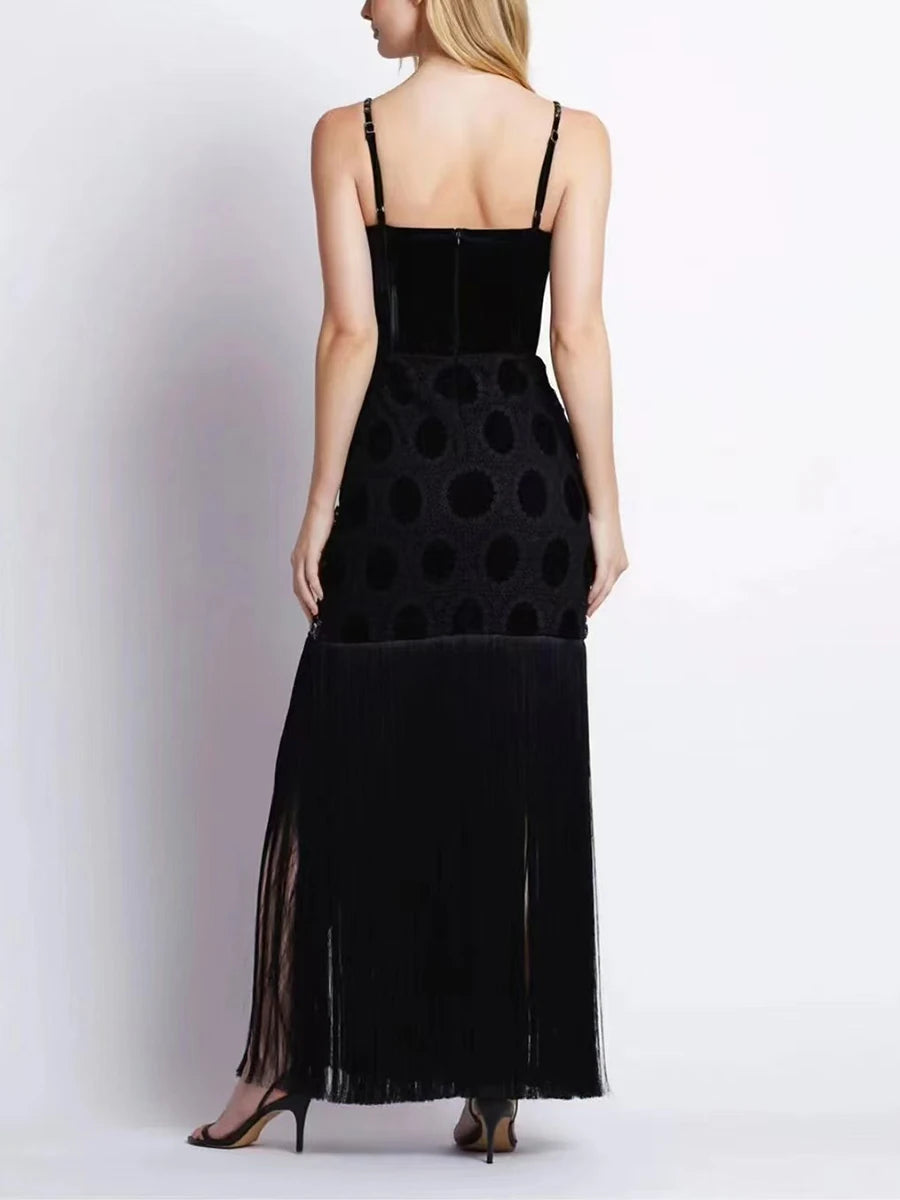 Solid Spliced Diamonds Square Neck Sleeveless High Waist Patchwork Tassel Dress