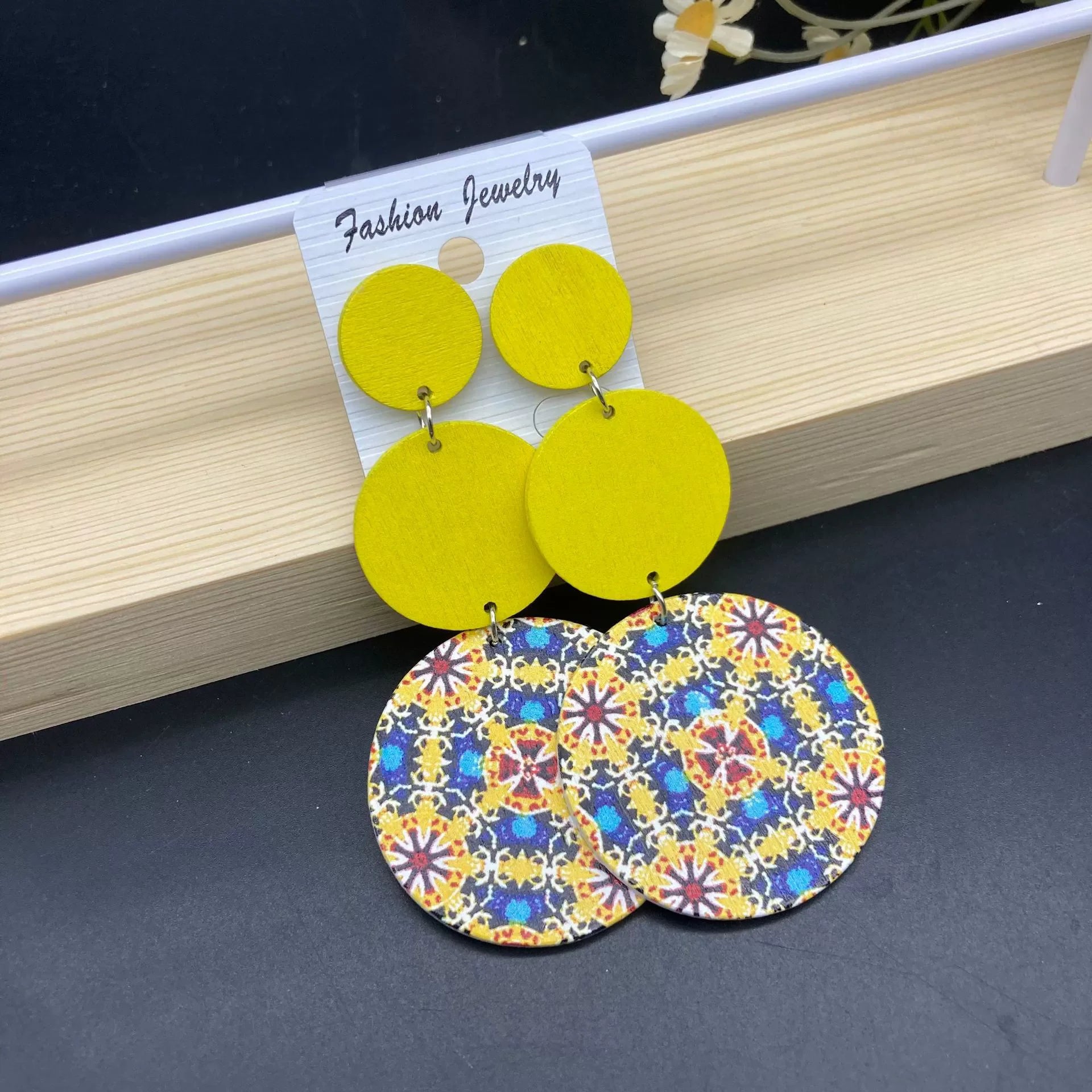New Ethnic Retro Circular Printed Wooden Earrings – Long Bohemian Colorful Statement Jewelry