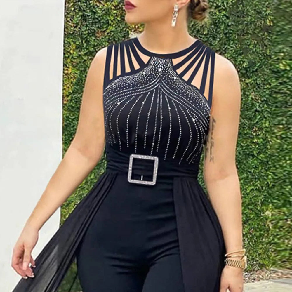 Sexy Sleeveless Jumpsuit, Elegant Hot Rhinestone Mesh Top